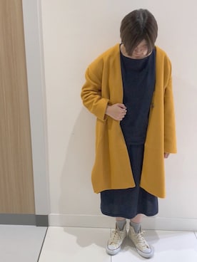 「マスタード」｜「アイテム（ダウンジャケット/コート）」を使った、yoshimeさん（レディース・158cm）の秋コーディネート