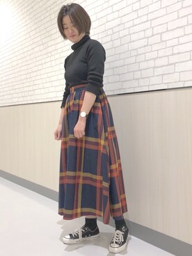 yoshimeさんの「・ビッグチェックロングスカート」を使ったコーディネート