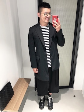 「Yohji Yamamoto（ヨウジヤマモト）のアイテム（チェスターコート）」を使った、louis さん（メンズ・173cm）の夏コーディネート