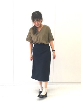 「E hyphen world gallery（イーハイフンワールドギャラリー）の・カラーベイカーポケットスカート（スカート）」を使った、ふたわたりさん（レディース・150cm）の夏コーディネート