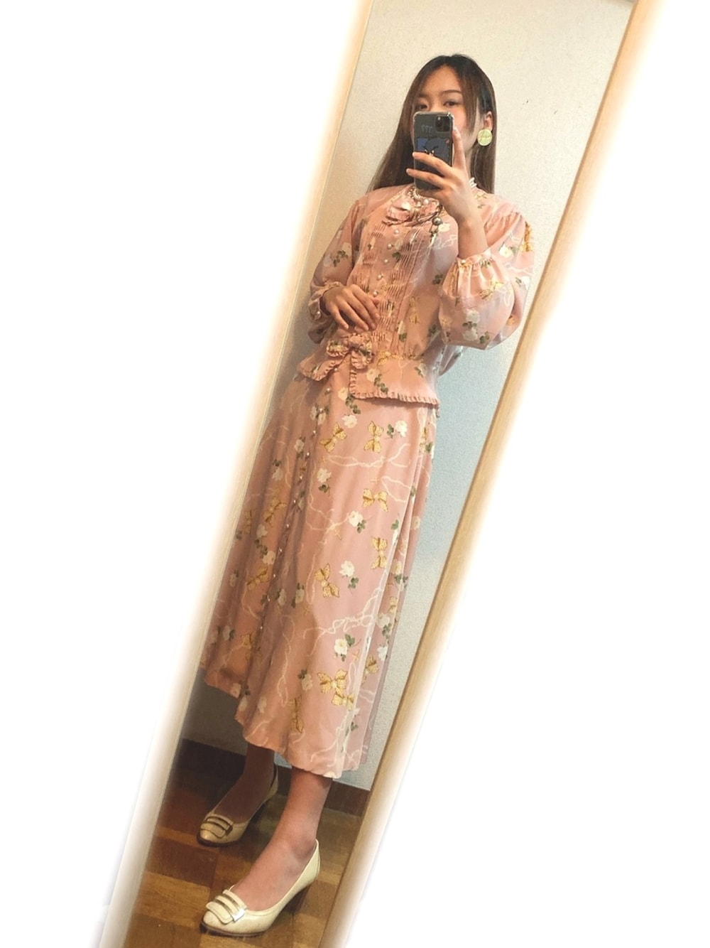 「大人カジュアル、休日スタイル、スカートスタイル、ピンク、セットアップ、エレガント、昭和、花柄、ワンピース、ブラウス」｜「INGEBORGのアイテム（セットアップ、ピンク系）」を使った、Sunsetwindさん（レディース・168cm）の秋コーディネートの1枚目の写真