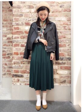 「原宿」｜「アイテム（ライダースジャケット）」を使った、yuka LOWRYS FARM吉祥寺さん（レディース・153cm）の秋コーディネート