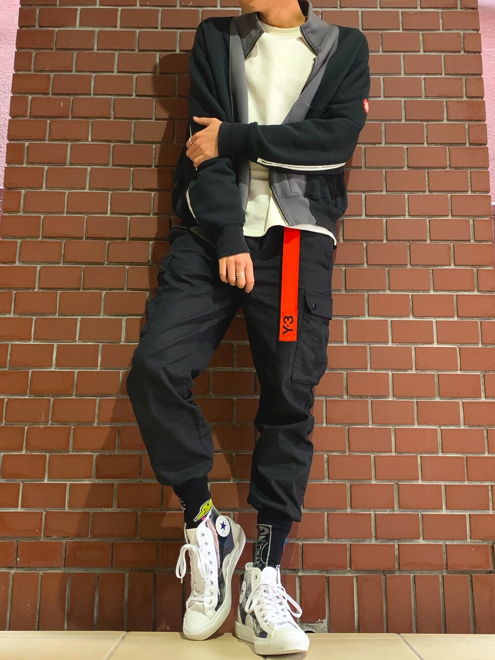 「ストリート、cavempt、WEGO、Y-3、Paul Smith、converse、clear material」｜「Y-3のY-3 ORANGE BELT（ベルト、オレンジ系）」を使った、あっきーさん（メンズ・181cm）の春コーディネートの1枚目の写真