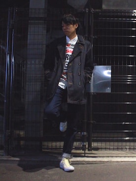 「TOMMY（トミー）のアイテム（トレンチコート）」を使った、あっきーさん（メンズ・181cm）の冬コーディネート