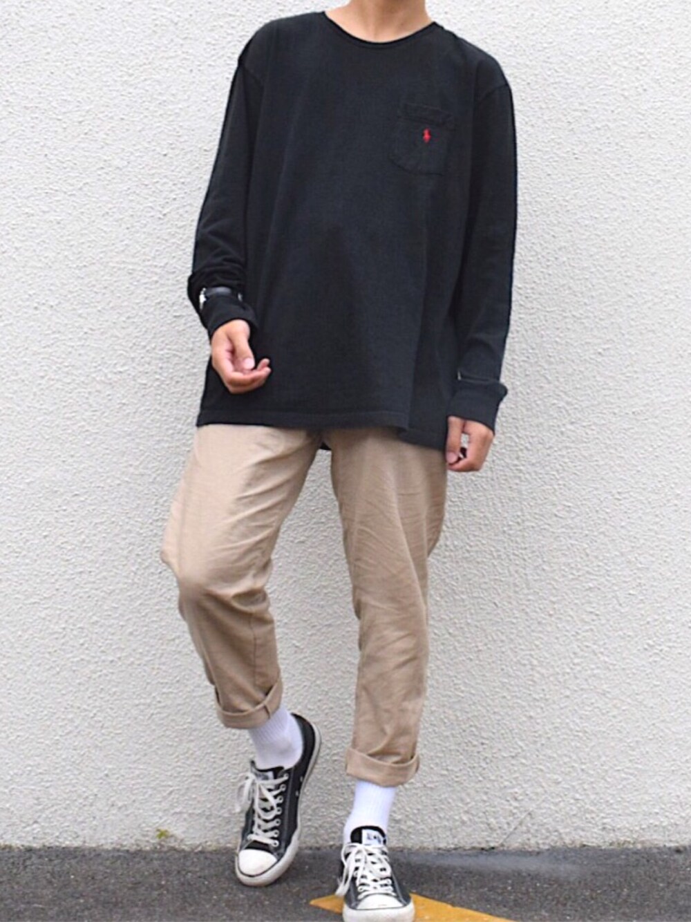 「夏コーデ、古着、古着MIX、古着コーデ、Polo Ralph Lauren、GU、converse、ブラック、ビッグシルエット、シンプルコーデ」｜「POLO RALPH LAURENのアイテム（Tシャツ/カットソー、ブラック系）」を使った、やなさん（メンズ・174cm）の夏コーディネートの1枚目の写真