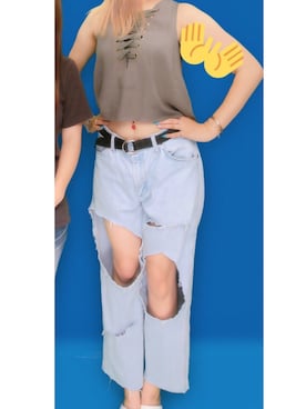 「no brand（ノーブランド）のアイテム（デニムパンツ、ブルー系）」を使った、하서윤さん（レディース・164cm）の夏コーディネート