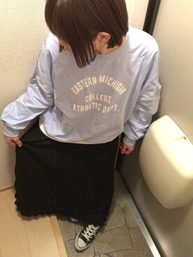 「URBAN RESEARCH（アーバンリサーチ）のカレッジプリントウラゲプルオーバー∴（スウェット、ブルー系）」を使った、eriさん（レディース・160cm）の冬コーディネート