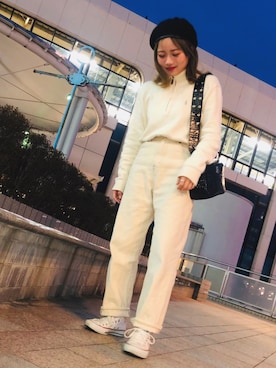 「オールホワイト」｜「アイテム（ハンチング/ベレー帽）」を使った、kurumiさん（レディース・154cm）の春コーディネート