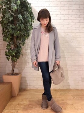 「ムートンブーツ」｜「アイテム（ステンカラーコート）」を使った、mioさん（レディース・156cm）の秋コーディネート