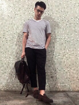 「アイテム（スリッポン、ブラウン系）」を使った、Lawrence さん（メンズ・170cm）の春コーディネート