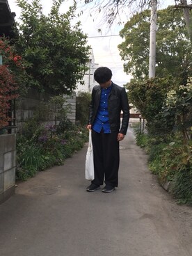 「ノーカラーシャツ」｜「アイテム（ライダースジャケット）」を使った、といさん（メンズ・172cm）の秋コーディネート