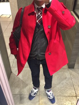 ネクタイを使った 赤コート の人気ファッションコーディネート Wear