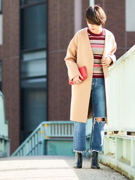 「ボーダー×デニム」｜「アイテム（その他アウター）」を使った、naomiさん（レディース・168cm）の冬コーディネート