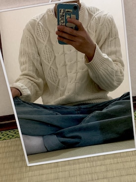 「MONO-MART（モノマート）のオーバーサイズアラン編みクルーネックケーブルニットセーター（ニット/セーター）」を使った、たいやきさん（メンズ・172cm）の秋コーディネート