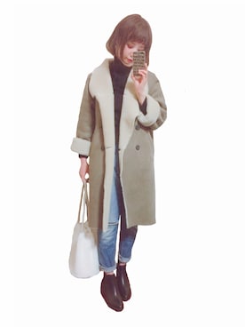 「クラッシュデニム」｜「アイテム（ムートンコート）」を使った、ナツミさん（レディース・158cm）の冬コーディネート