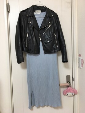 「水色」｜「アイテム（ライダースジャケット）」を使った、nanaさん（レディース・151cm）の冬コーディネート