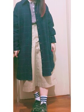 「UNIQLO（ユニクロ）のベイカースカート(丈標準74～78cm）（スカート、ベージュ系）」を使った、ノドリさん（レディース・148cm）の冬コーディネート