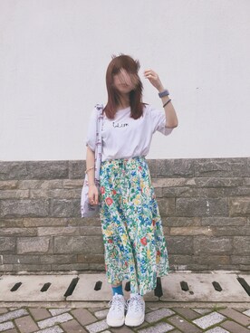 「Eluluのアイテム（スカート、グリーン系）」を使った、ノドリさん（レディース・148cm）の夏コーディネート