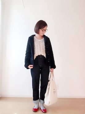 「SLOBE IENA（スローブイエナ）の3GG Vネックケーブルニット◆（ニット/セーター）」を使った、aiさん（レディース・152cm）の冬コーディネート