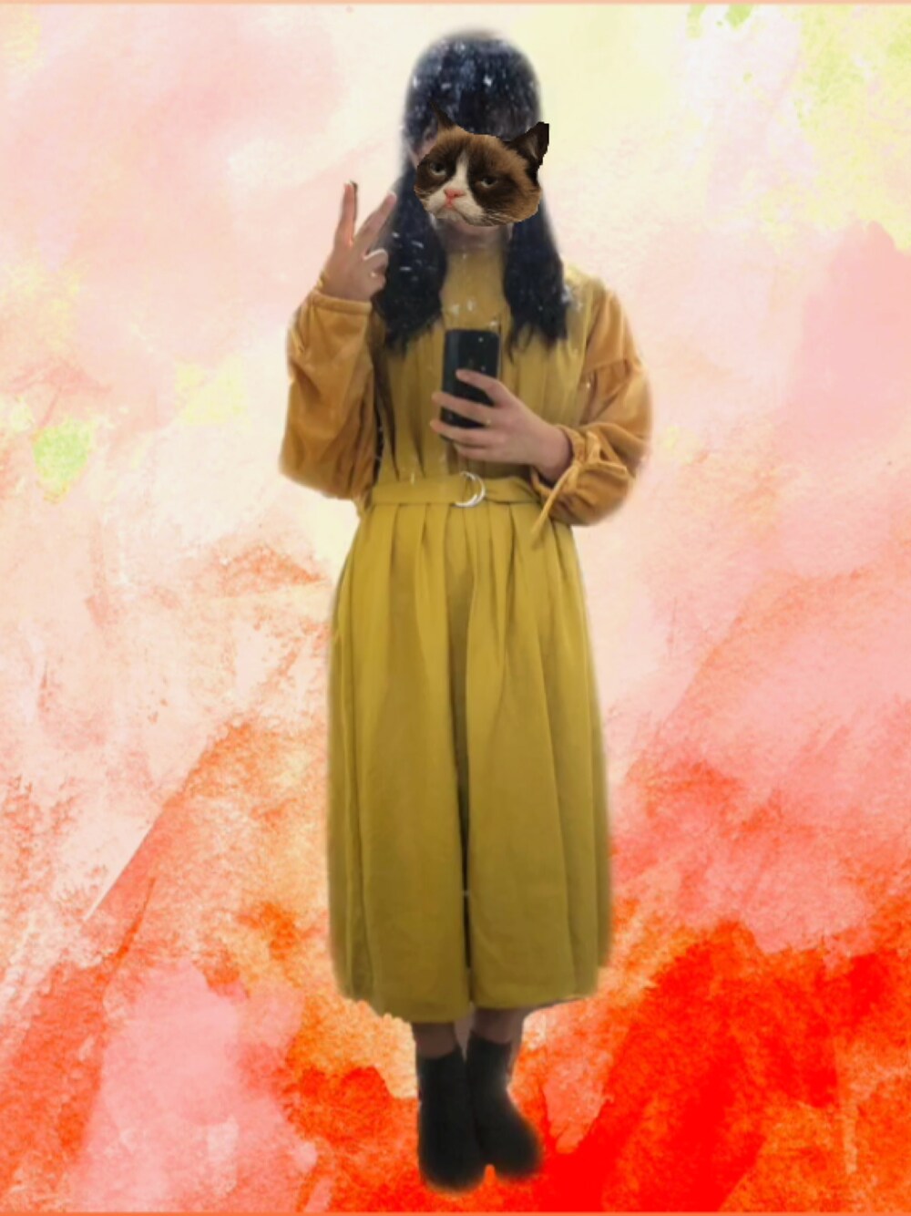 「ootd、autumn、ラブアンドピース2018、リュックは茶チェック、靴はローファー、秋、あき、からし色、ワンピース、fashion」｜「ehka sopoのアイテム（ワンピース、イエロー系）」を使った、つじさん（レディース・158cm）の秋コーディネートの1枚目の写真