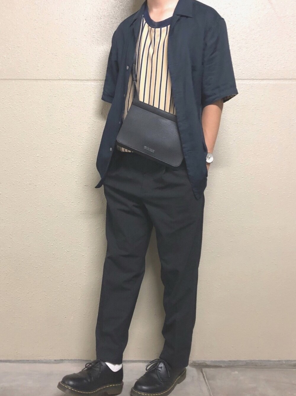 「HARE、ストライプ、ストライプシャツ、おしゃれさんと繋がりたい、フォローミー、UNIQLO、サコッシュ、Klasse14、いいね、save、フォローお願いします🤑、夏セールで買いました」｜「KLASSE14の〈KLASSE14/クラス14〉VOLARE LEATHER SILVER ブレスレット付き（アナログ腕時計、シルバー系）」を使った、ユウさん（メンズ・170cm）の夏コーディネートの1枚目の写真