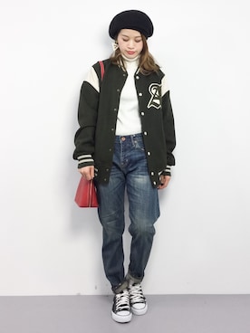 「Another Edition（アナザーエディション）のアイテム（スタジャン）」を使った、isaさん（レディース・155cm）の冬コーディネート