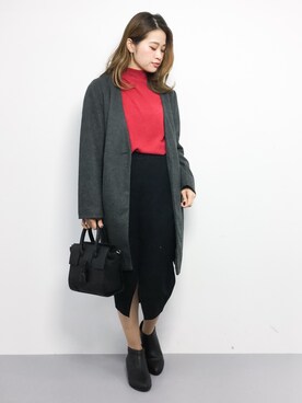 「赤ニット」｜「アイテム（ノーカラージャケット）」を使った、isaさん（レディース・155cm）の冬コーディネート