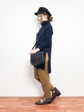 「ロングニット」｜「アイテム（帽子）」を使った、isaさん（レディース・155cm）の冬コーディネート