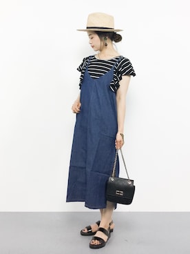 「coca（coca）（コカ）のラッフルスリーブボーダーカットソー（Tシャツ/カットソー）」を使った、isaさん（レディース・155cm）の夏コーディネート