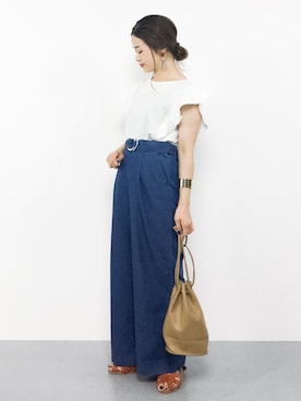 「ラッフルスリーブ」｜「アイテム（Tシャツ/カットソー）」を使った、isaさん（レディース・155cm）の夏コーディネート
