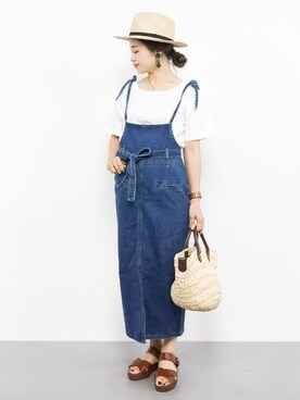 「麦わら帽子」｜「アイテム（ジャンパースカート）」を使った、isaさん（レディース・155cm）の夏コーディネート