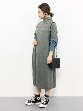 「haco!（ハコ）の＜高橋愛さんコラボ＞ラブ＆ピースプロジェクト　配色遣いのタートルリブニットワンピース（ワンピース）」を使った、isaさん（レディース・155cm）の秋コーディネート