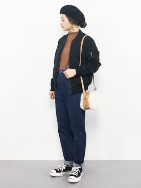 「リブニット」｜「アイテム（MA-1）」を使った、isaさん（レディース・155cm）の秋コーディネート