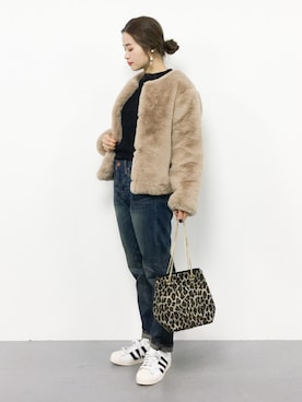 「ワッフル」｜「アイテム（ノーカラージャケット）」を使った、isaさん（レディース・155cm）の冬コーディネート