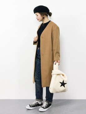 「URBAN RESEARCH（アーバンリサーチ）のアイテム（ノーカラージャケット）」を使った、isaさん（レディース・155cm）の冬コーディネート