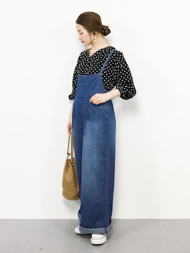 「スキッパーシャツ」｜「アイテム（オールインワン・サロペット）」を使った、isaさん（レディース・155cm）の春コーディネート