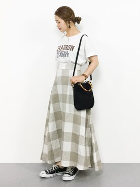 「Ungrid（アングリッド）のCHADRONビッグTee（Tシャツ/カットソー）」を使った、isaさん（レディース・155cm）の夏コーディネート