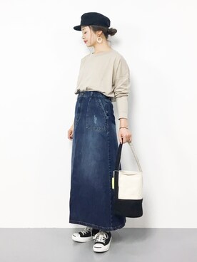 「SEVENDAYS=SUNDAY（セブンデイズサンデイ）のアイテム（デニムスカート）」を使った、isaさん（レディース・155cm）の秋コーディネート