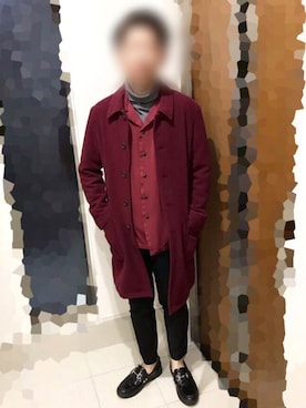 「アイテム（ステンカラーコート、レッド系）」を使った、とんとろさん（メンズ・167cm）の冬コーディネート