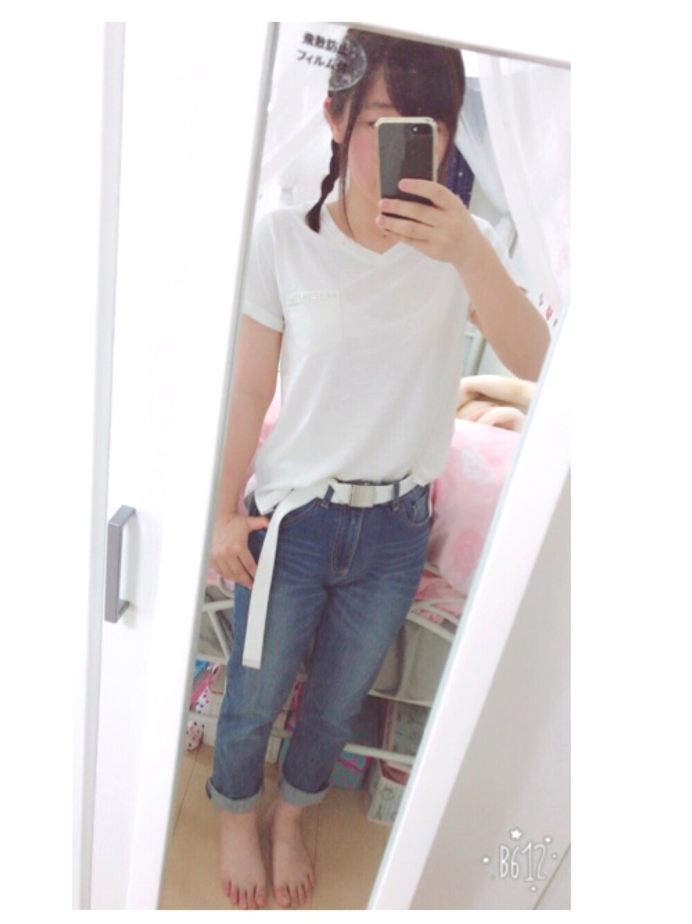 「カジュアル、塾、模試、summer、シンプル」｜「one after another NICE CLAUPのポケ付VネックTシャツ（Tシャツ/カットソー、ホワイト系）」を使った、まーさん（レディース・154cm）の夏コーディネートの1枚目の写真