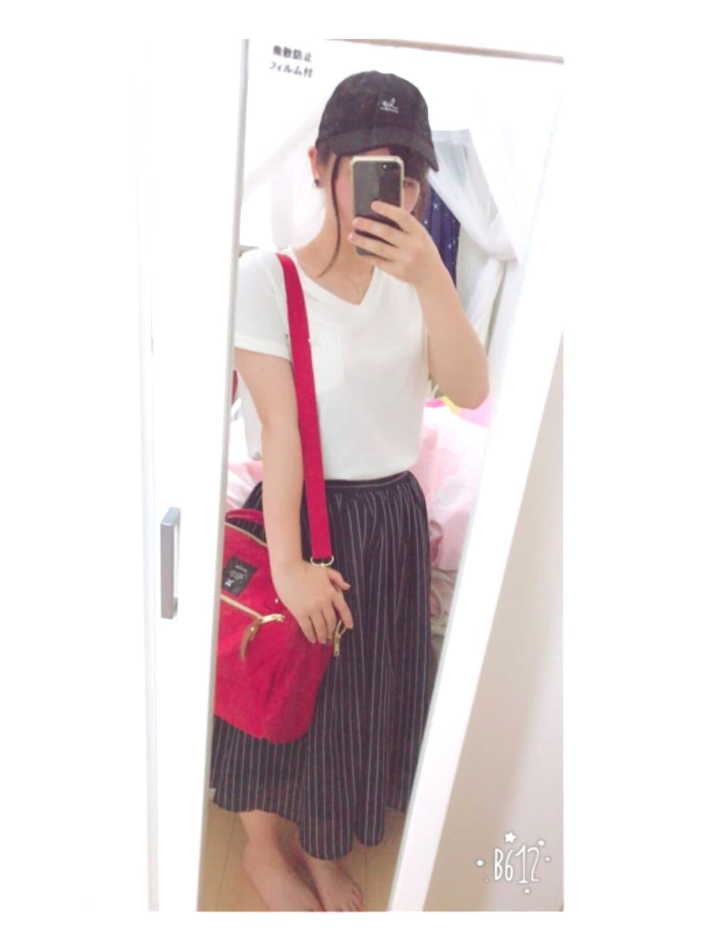 「夏、暑い、オトナカジュアル、キャップ、スカート、さらさら」｜「one after another NICE CLAUPのポケ付VネックTシャツ（Tシャツ/カットソー、ホワイト系）」を使った、まーさん（レディース・154cm）の夏コーディネートの1枚目の写真