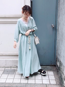 「natural couture（ナチュラルクチュール）のタッセルベルト付きカシュクールワンピース（ワンピース）」を使った、りーちゃんさん（レディース・149cm）の夏コーディネート