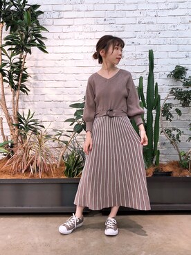 「natural couture（ナチュラルクチュール）の配色ニットプリーツワンピース（ワンピース）」を使った、りーちゃんさん（レディース・149cm）の秋コーディネート