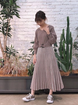 「natural couture（ナチュラルクチュール）の配色ニットプリーツワンピース（ワンピース）」を使った、りーちゃんさん（レディース・149cm）の秋コーディネート