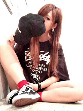「STUSSY（ステューシー）のStussy ステューシー  Ｔシャツ  半袖 花プリント　人気  カジュアル ima-ss18（Tシャツ/カットソー、その他）」を使った、vocalさん（レディース・169cm）の夏コーディネート