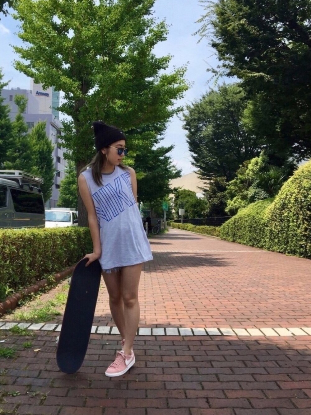 「sporty、アスレジャー、スポーツミックス、スポーティ、ナイキ、ナージー(NERGY)、ナージー、メンズライク、NIKE、ストリート」｜「NIKEのアイテム（タンクトップ、ホワイト系）」を使った、saeさん（レディース・148cm）の夏コーディネートの1枚目の写真