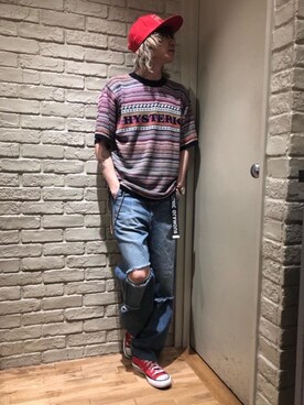 「HYSTERIC GLAMOUR（ヒステリックグラマー）のHYS WHISKY柄 刺繍キャップ（キャップ）」を使った、Mitsuさん（メンズ・170cm）の夏コーディネート