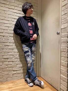 「HYSTERIC GLAMOUR（ヒステリックグラマー）のGIRLS BORDER総柄ジャカード リブ付Tシャツ（Tシャツ/カットソー）」を使った、Mitsuさん（メンズ・170cm）の秋コーディネート