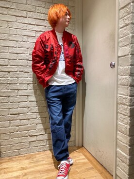 「アイテム（ミリタリージャケット、レッド系）」を使った、Mitsuさん（メンズ・170cm）の秋コーディネート