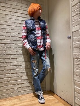 「HYSTERIC GLAMOUR（ヒステリックグラマー）のGIRLS BORDER総柄ジャカード リブ付Tシャツ（Tシャツ/カットソー）」を使った、Mitsuさん（メンズ・170cm）の秋コーディネート